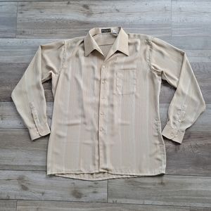 Vintage Stewards Shirt XL Tan Stipe Thin Silky Long Sleeve Flat Hem Button Front